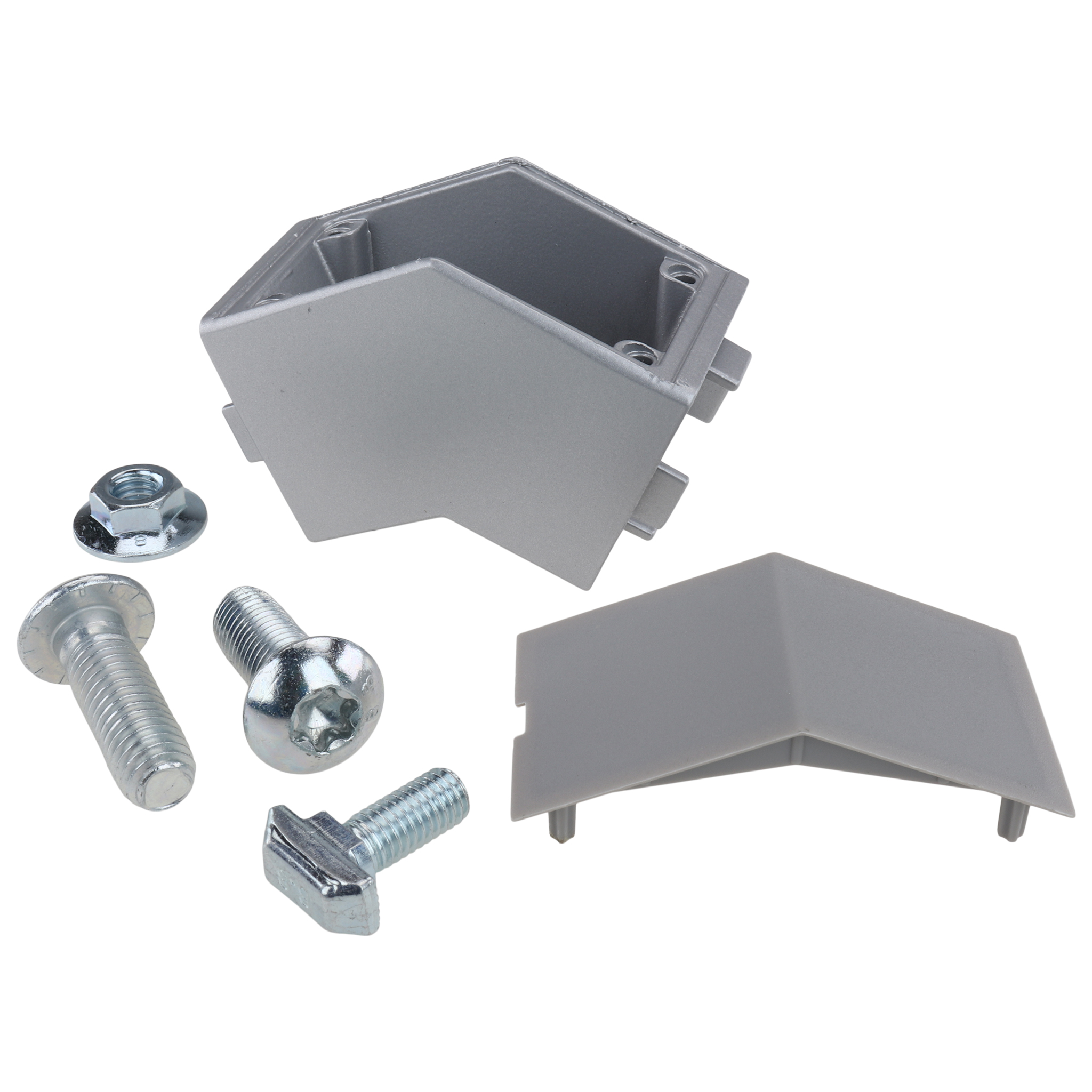 Verbinder, Winkelverbinder 45°, 40x40x18, Aluminiumdruckguß, pulverbeschichtet, alufarbig Verbinder, Winkelverbinder 45°, 40x40x18, Aluminiumdruckguß, pulverbeschichtet, alufarbig